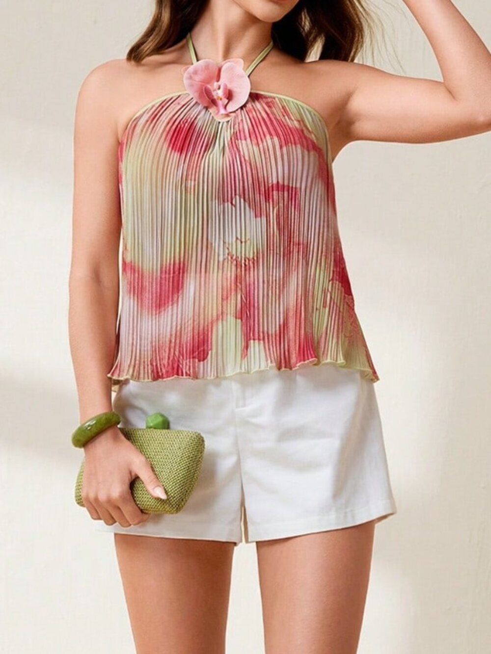 Multicolor Boho Women's Pleated Print Sleeveless Halter Neck Top - Picture 3 of 8